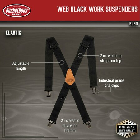 Bucket Boss Tool Suspenders, Black Suspenders, 2", Web Straps, Black 61120